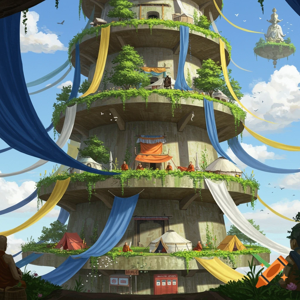 A tall, overgrown concrete tower with tiered gardens, draped in colorful fabrics, housing monks in tents and yurts. A floating statue hovers above.