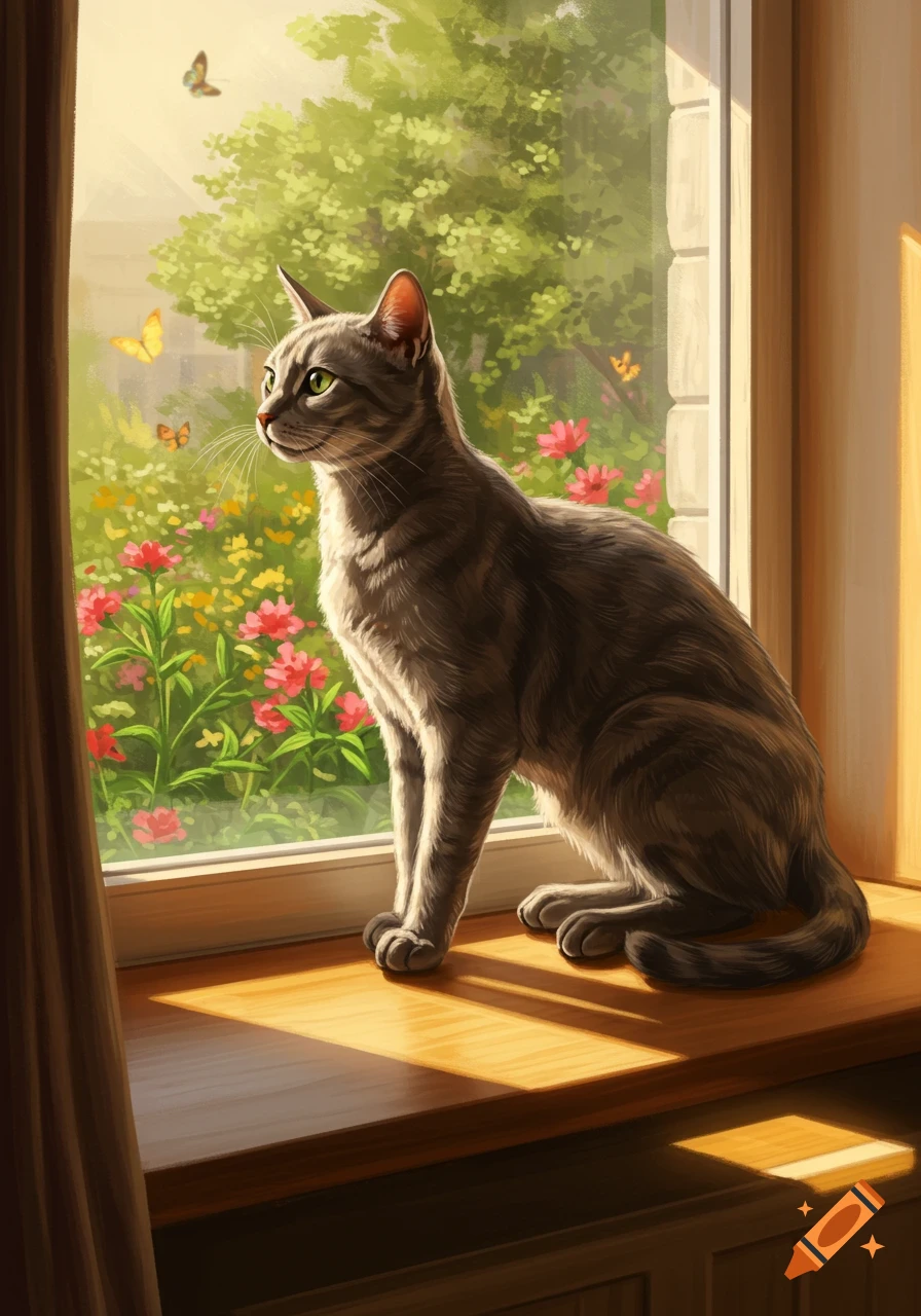 A grey tabby cat sits on a sunlit windowsill, gazing out at a vibrant garden filled with colorful flowers and butterflies, painted in an illustrative style.