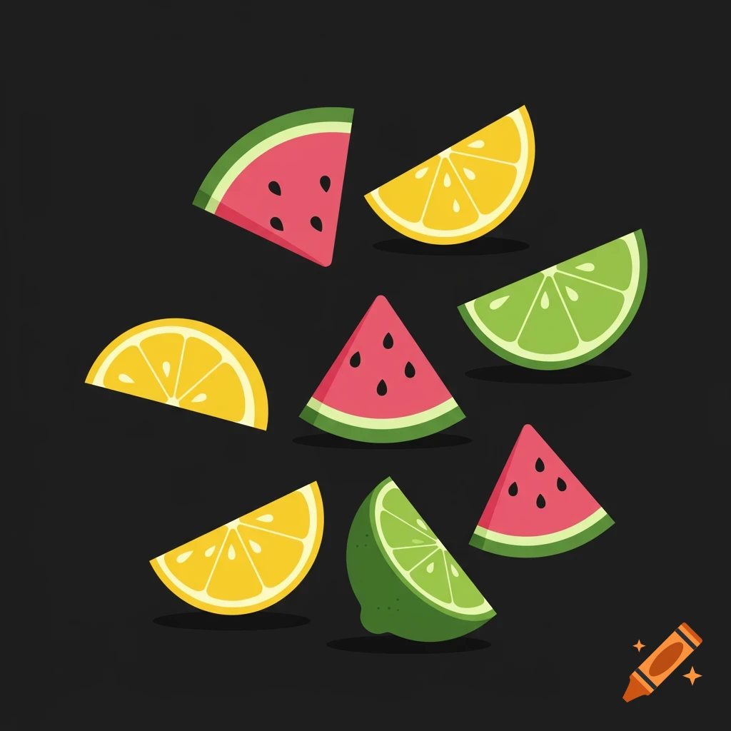 Flat illustration of scattered watermelon, lemon, and lime slices on a dark background.