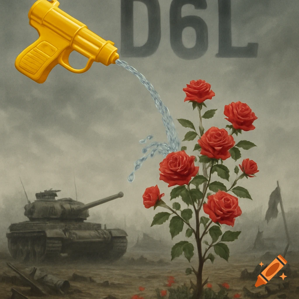 A yellow water pistol waters a red rose tree in a gloomy battlefield with a tank. 'D6L' text is in the sky.