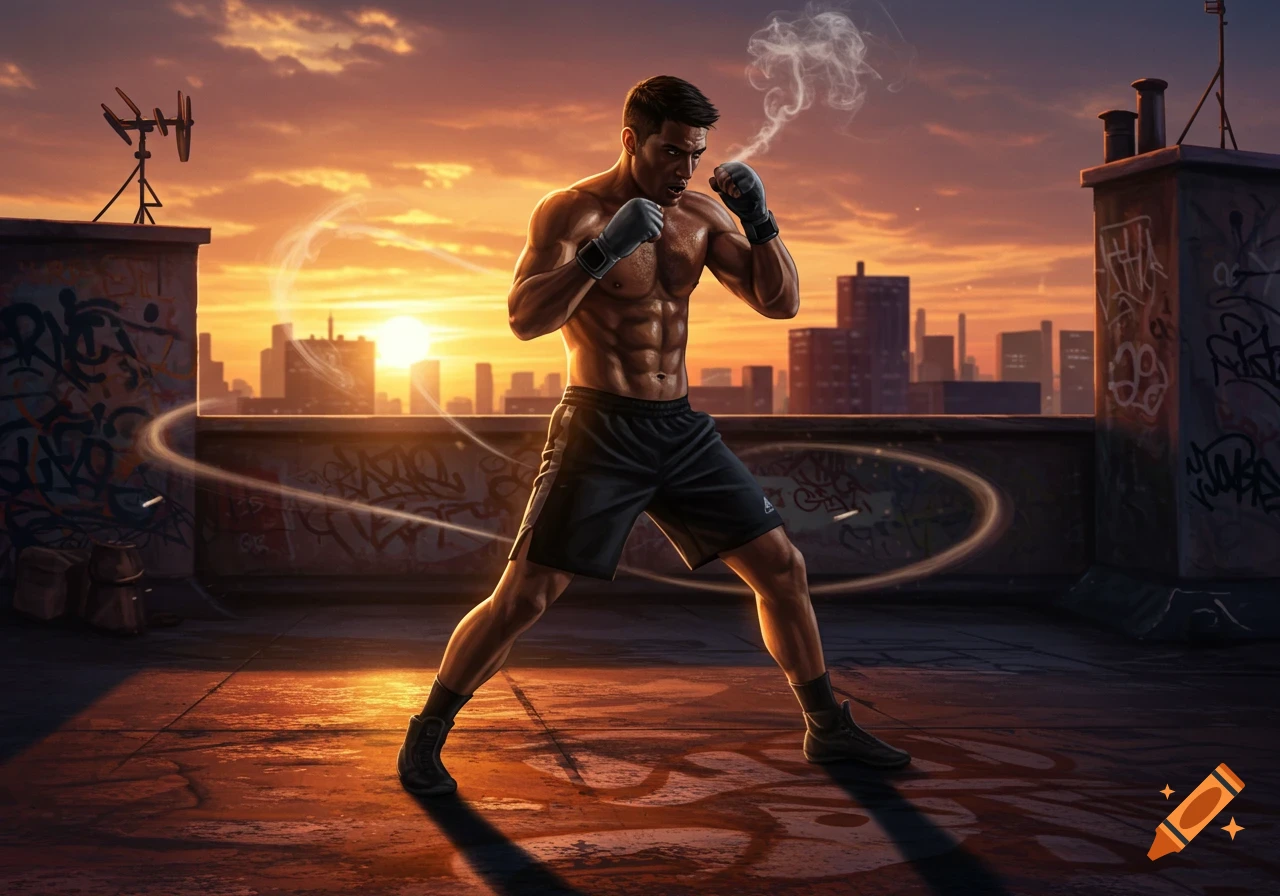 A man shadowboxes on a rooftop at sunset with a city skyline in the background, stylized smoke from his mouth.