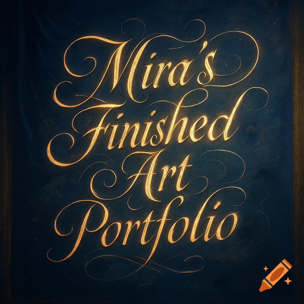 Golden calligraphy on a dark blue background reads 'Mira's Finished Art Portfolio'.