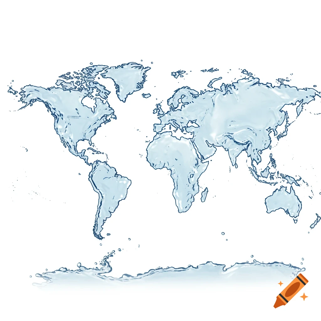 A detailed world map with continents made from dynamic light blue water splashes, on a clean white background.