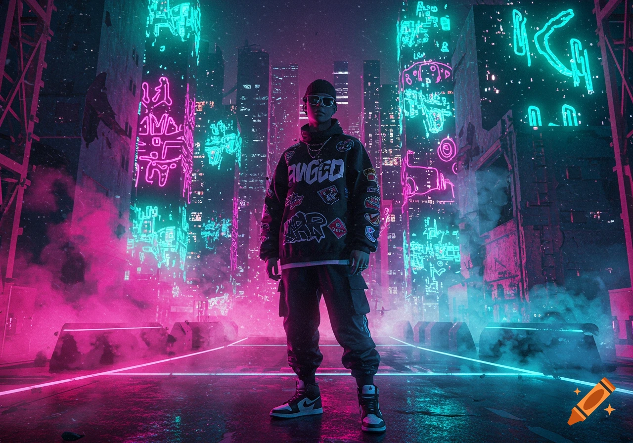 A person in sunglasses, a hoodie, and cargo pants stands centered in a vibrant neon-lit cyberpunk city with glowing pink and blue lights.