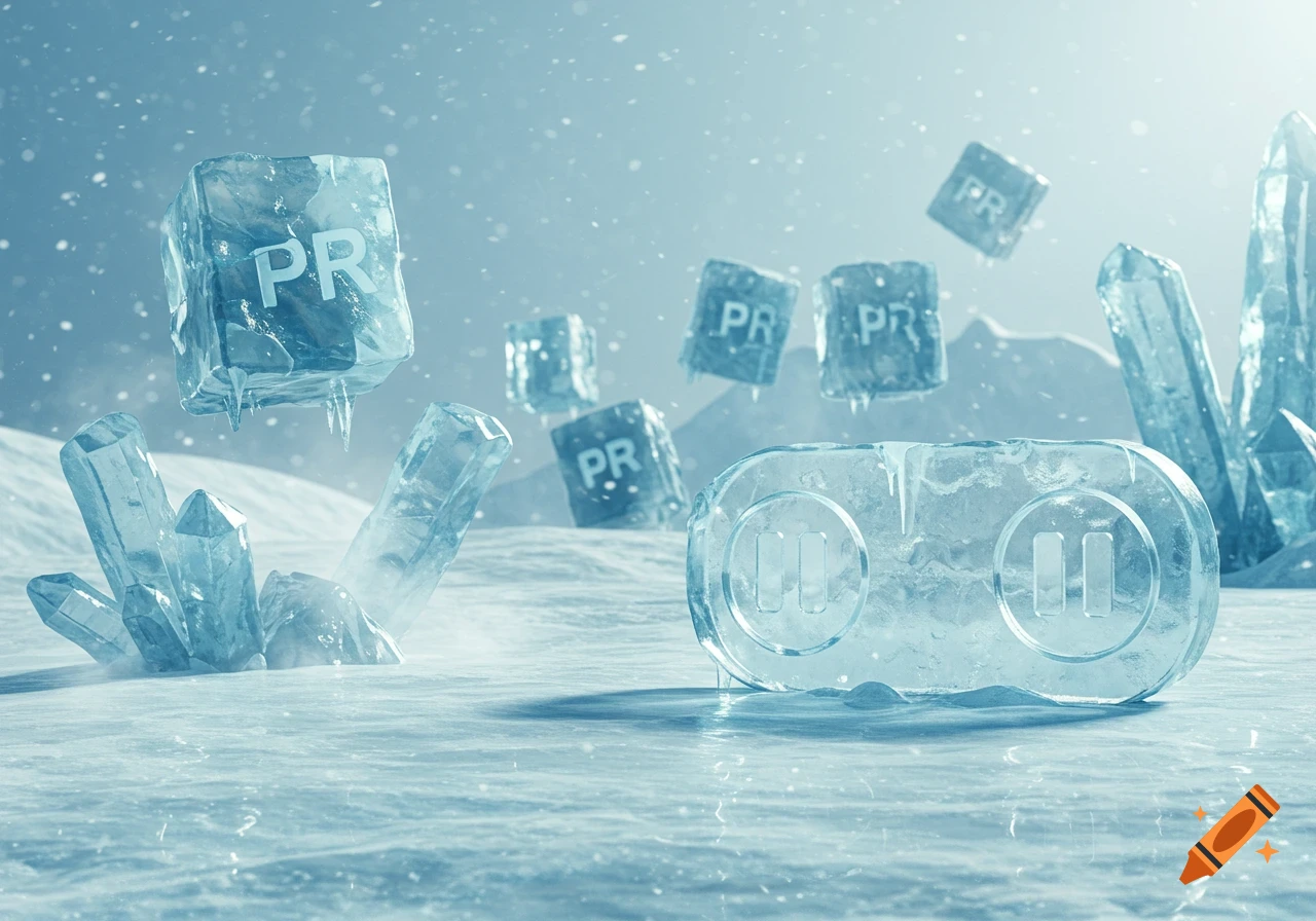 An icy landscape features large ice crystals, floating ice cubes with 'PR', and an ice block with 'pause' symbols in the foreground.