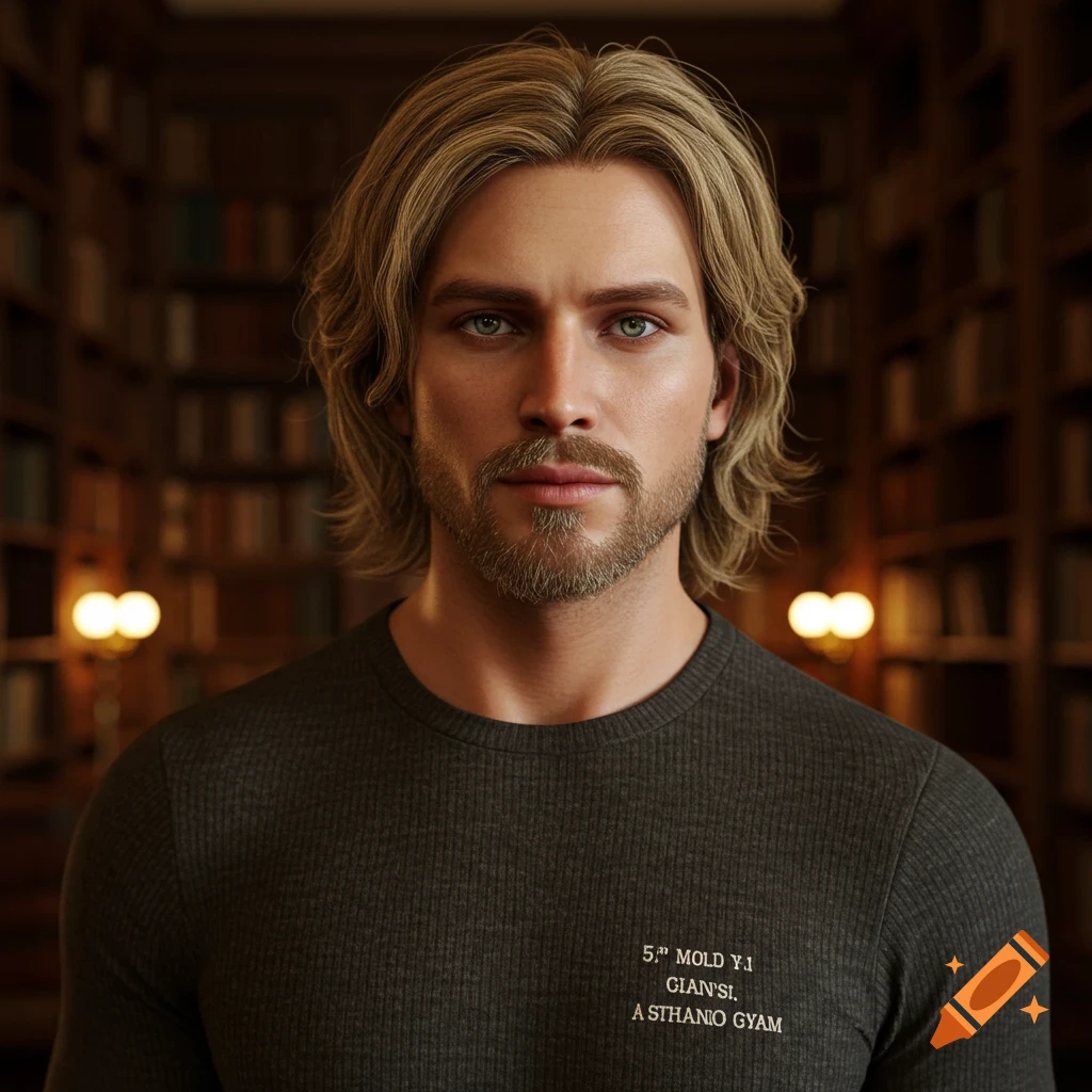 Photorealistic portrait of a blond man with a beard and green eyes in a library.