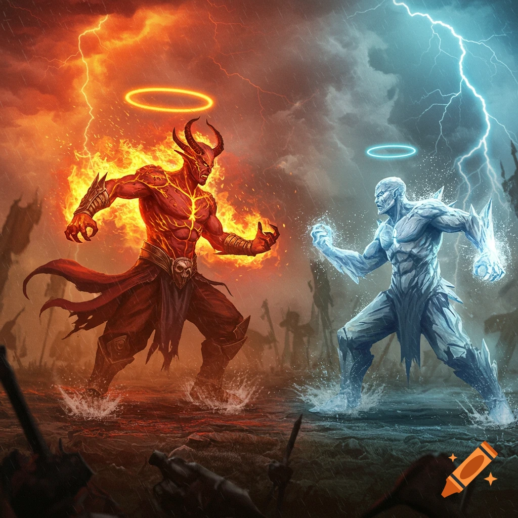 A red demonic figure of fire and an icy blue humanoid figure with halos battle in a stormy landscape.