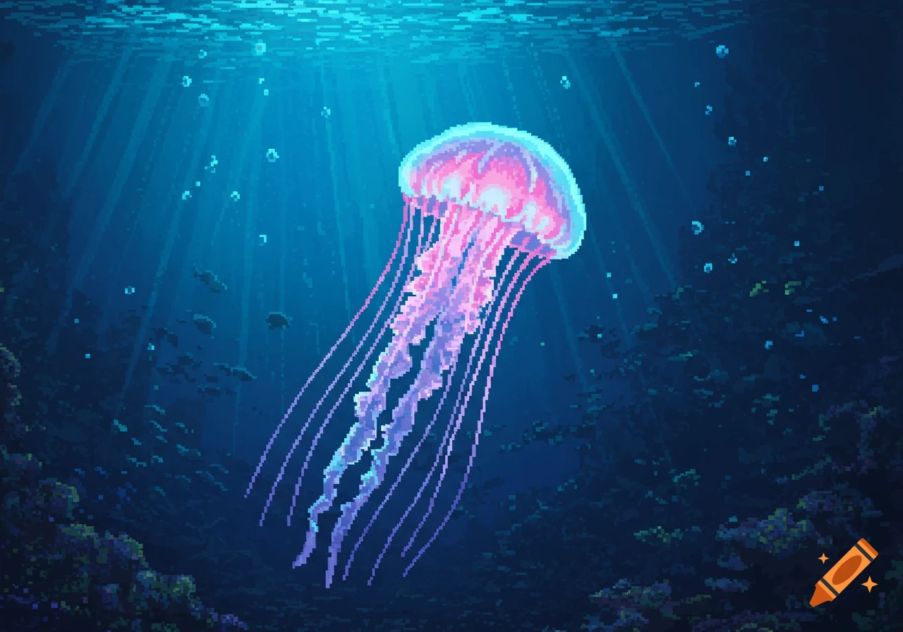 A vibrant pixel art jellyfish glows pink and purple in a deep blue underwater scene with sun rays and coral.