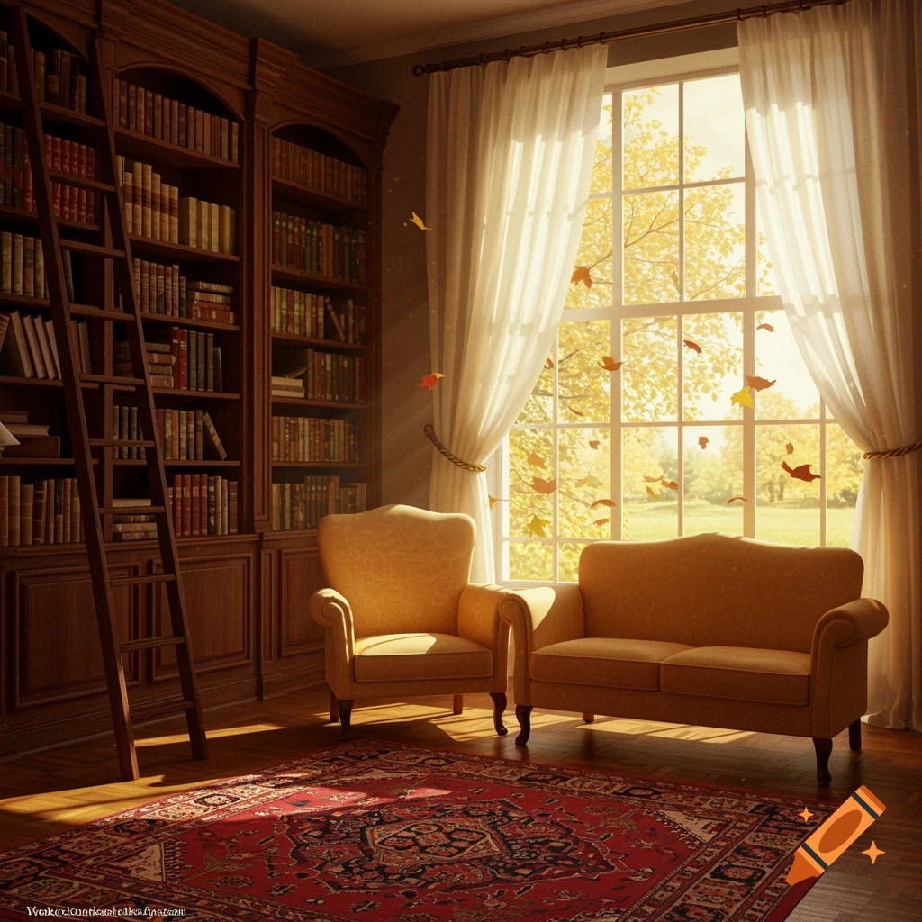 A cozy library room with a tall wooden bookshelf and ladder, two yellow armchairs, a patterned red rug, and a large window looking out onto an autumn landscape with falling leaves.