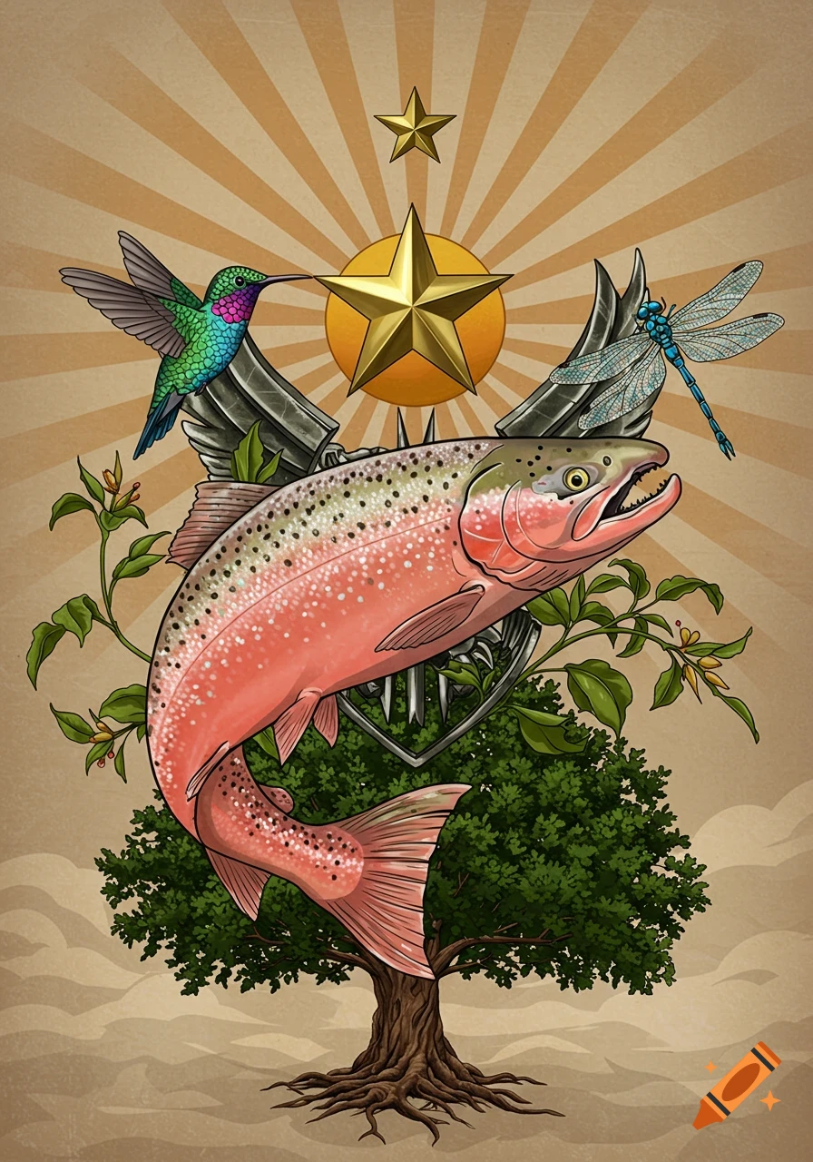 Stylized illustration featuring a salmon, hummingbird, dragonfly, and a tree, with a sun and stars in a radiating background.