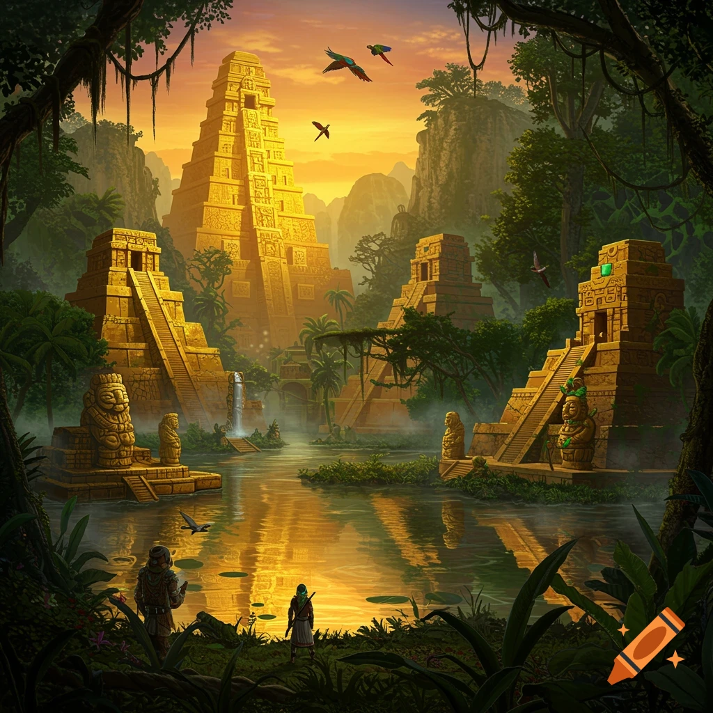 Golden ancient pyramids in a vibrant jungle landscape at sunset, reflected in a river, with two figures in the foreground.