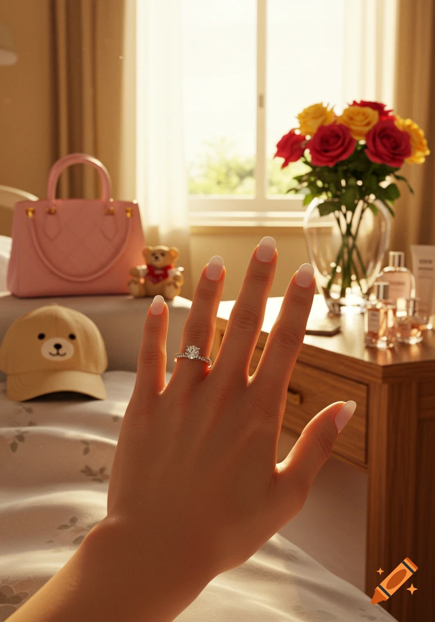 Close-up of a hand with an engagement ring, set in a sunlit room with flowers, a pink bag, and perfume bottles.