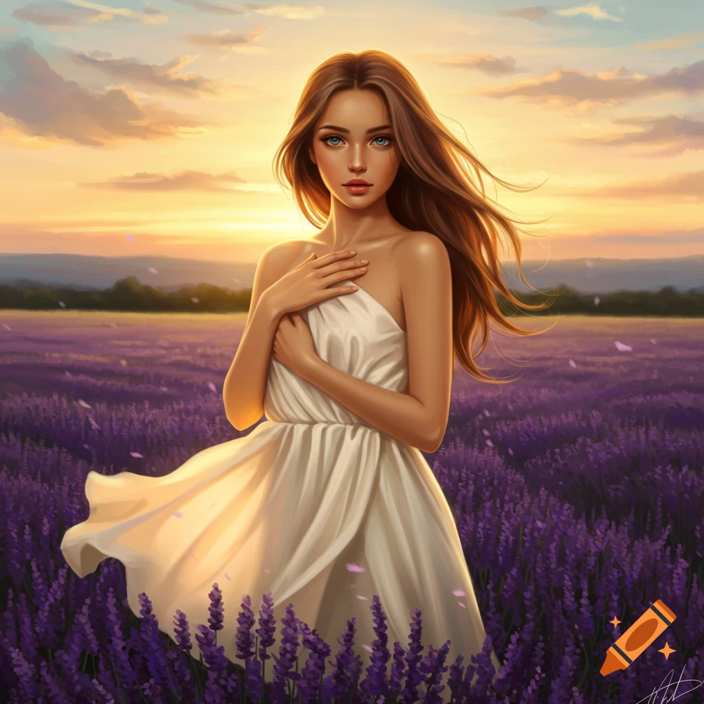 A beautiful woman with long brown hair in a white dress stands in a vibrant lavender field at sunset, looking directly at the viewer.