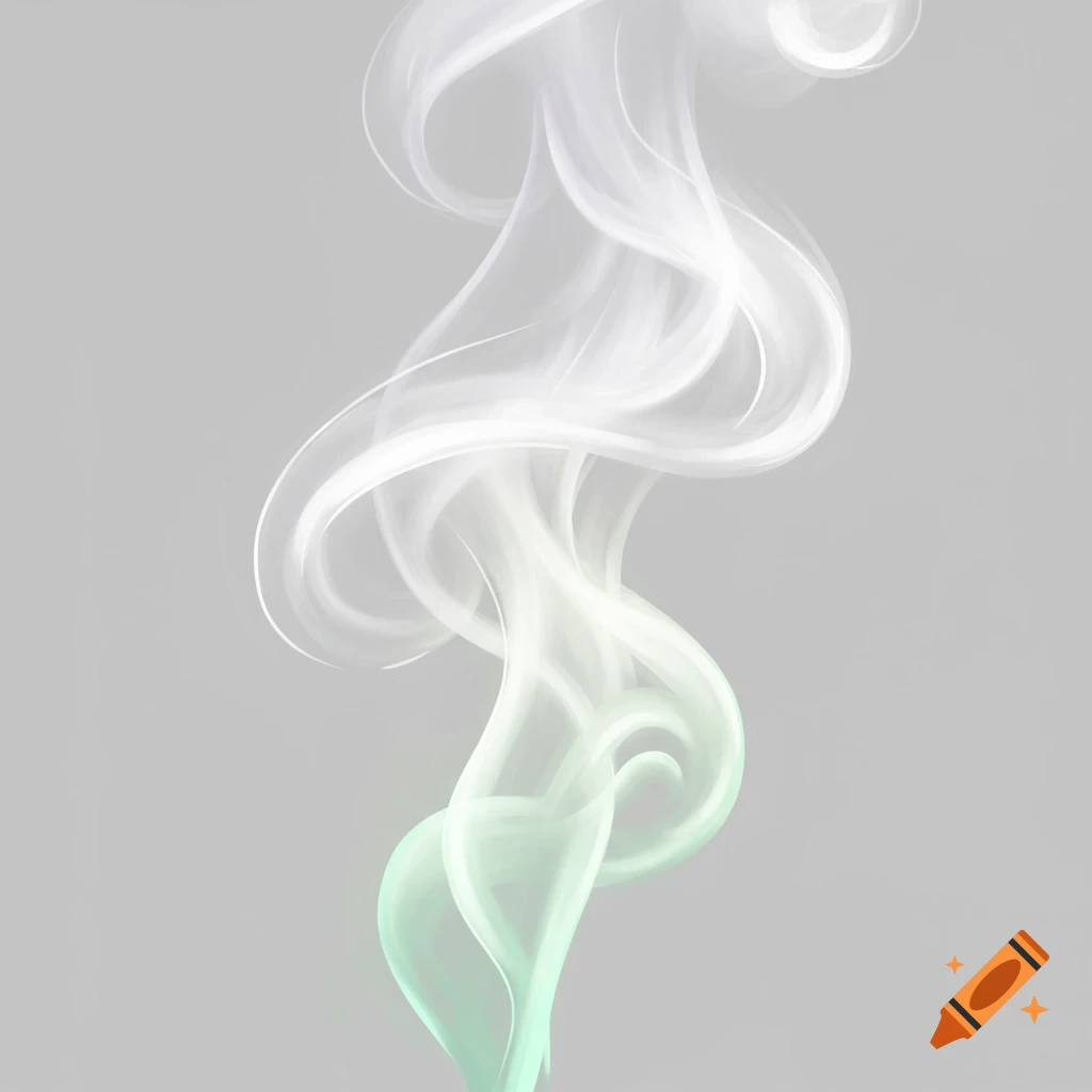 Abstract swirling white and light green smoke on a light grey background.