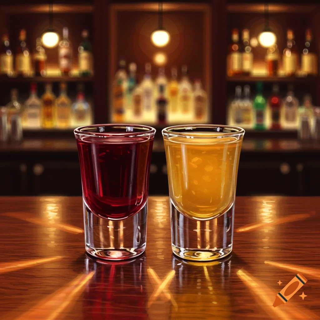 Two illustrative shot glasses, one red and one gold, sit on a wooden bar counter with blurred bottles in the background.