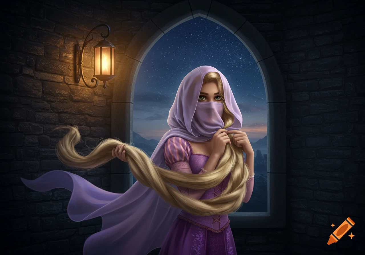 A woman resembling Rapunzel in a purple dress and hood holds her long blonde braid, peeking from a stone tower window at night.