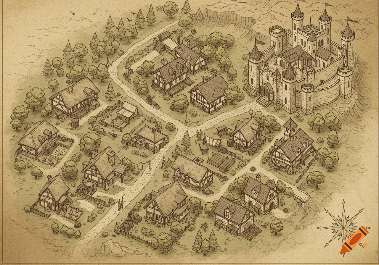 An old hand-drawn style map of a medieval village with a castle, huts, and winding roads.