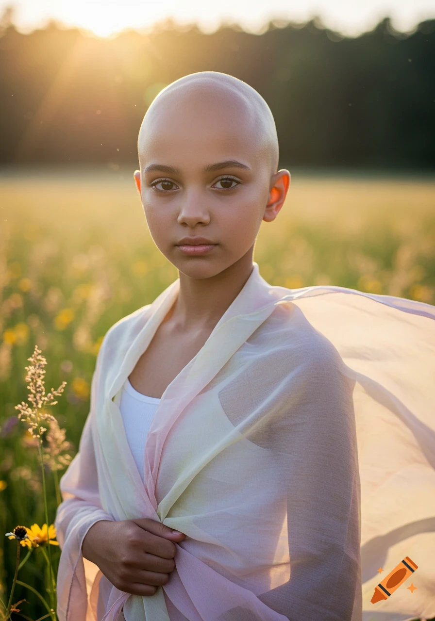A bald young girl stands in a sunlit field of flowers, draped in a sheer pastel wrap.