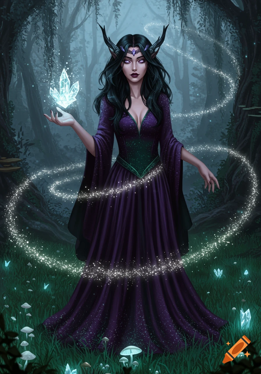 A beautiful dark-haired witch with glowing eyes in a purple dress, holding a glowing crystal in a mystical forest, digital art.