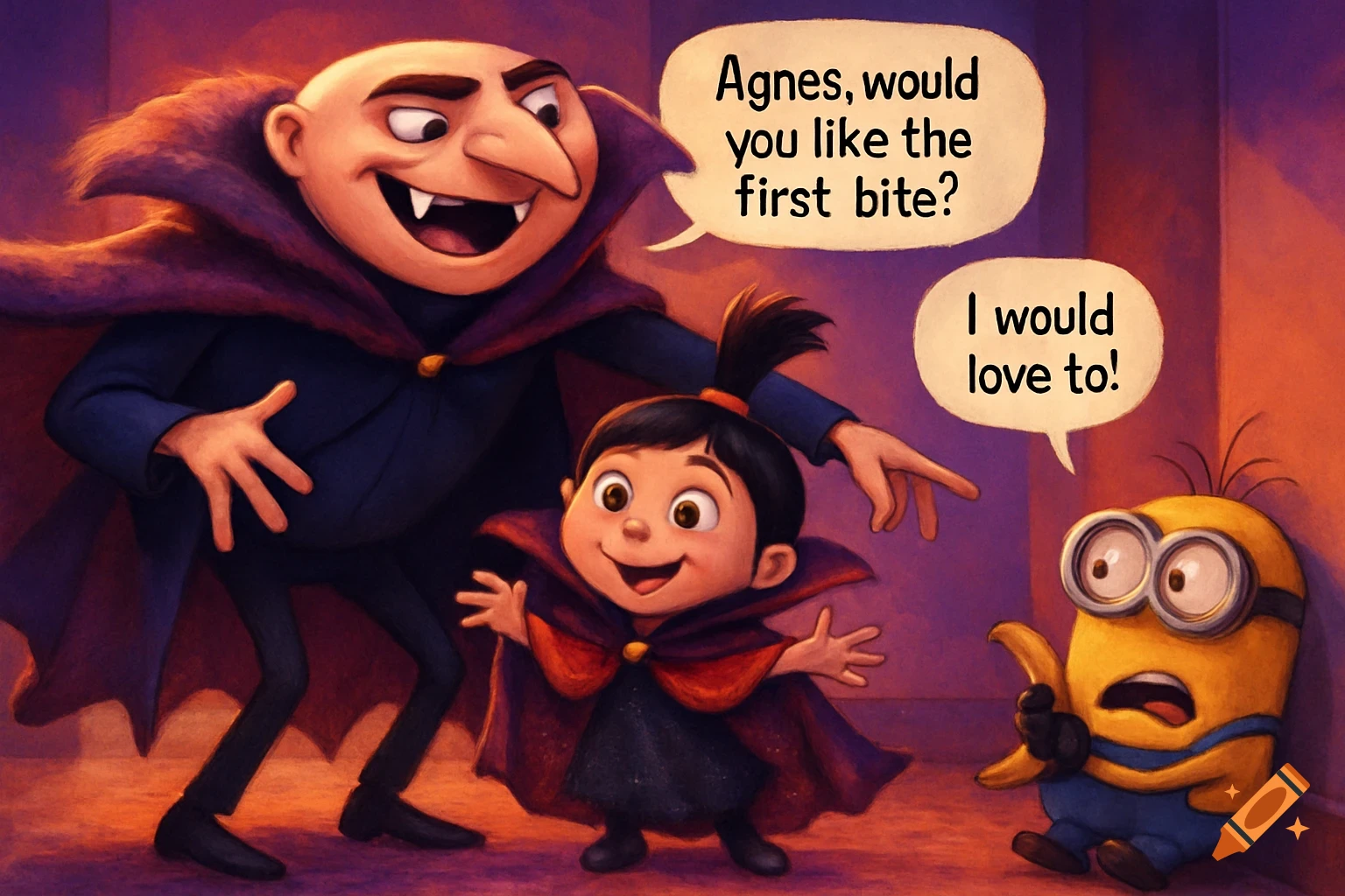 Gru and Agnes in vampire costumes scare a Minion holding a banana. Speech bubbles read 'Agnes, would you like the first bite?' and 'I would love to!'