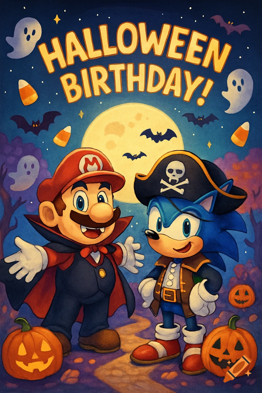 Mario as a vampire and Sonic as a pirate stand among Halloween decorations under a full moon, with 'HALLOWEEN BIRTHDAY!' text.
