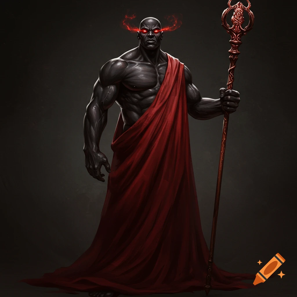 A powerful, muscular figure with black stone-like skin, glowing red eyes, and a red robe holds an ornate staff.