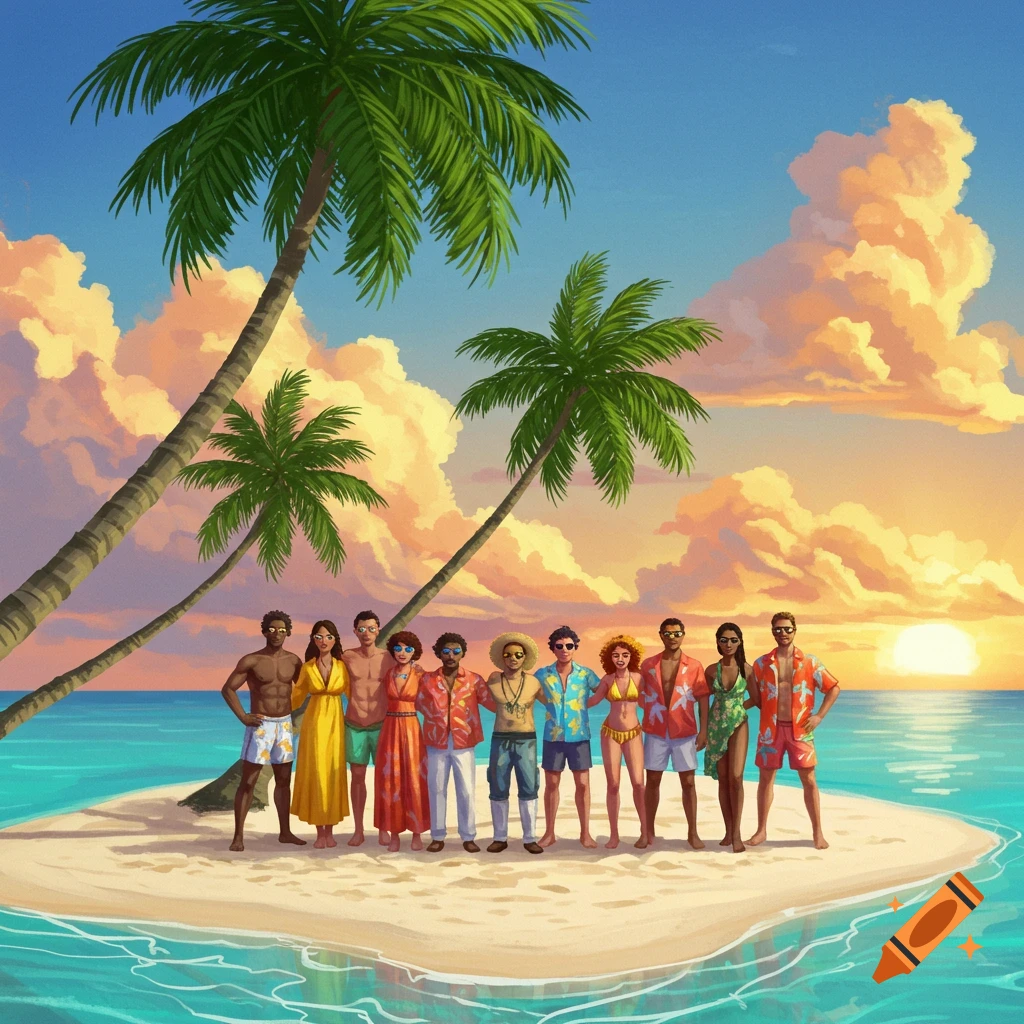 Vibrant illustration of a diverse group on a small tropical island at sunset with palm trees.