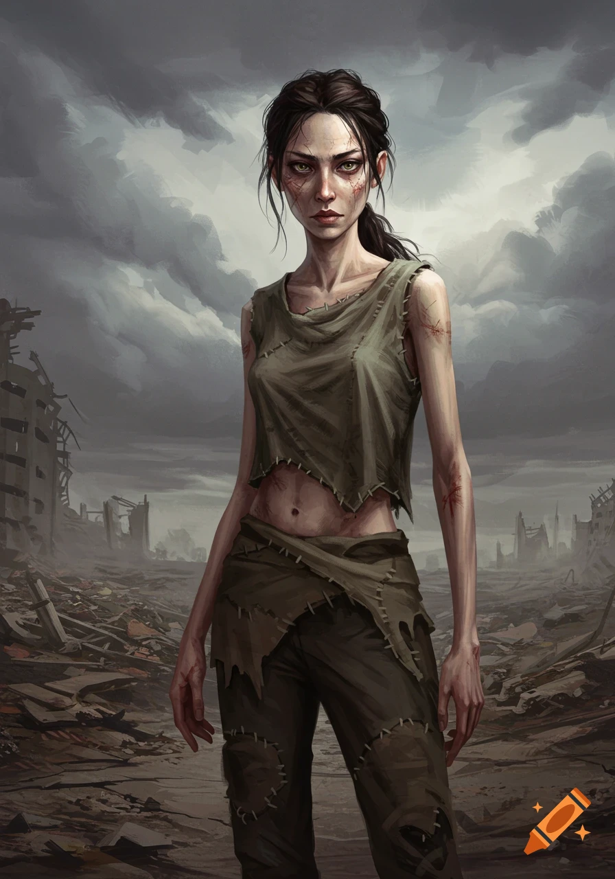 A digital painting of a stern, skinny woman with dark hair in ragged clothes, standing in a desolate, ruined city under a cloudy sky.