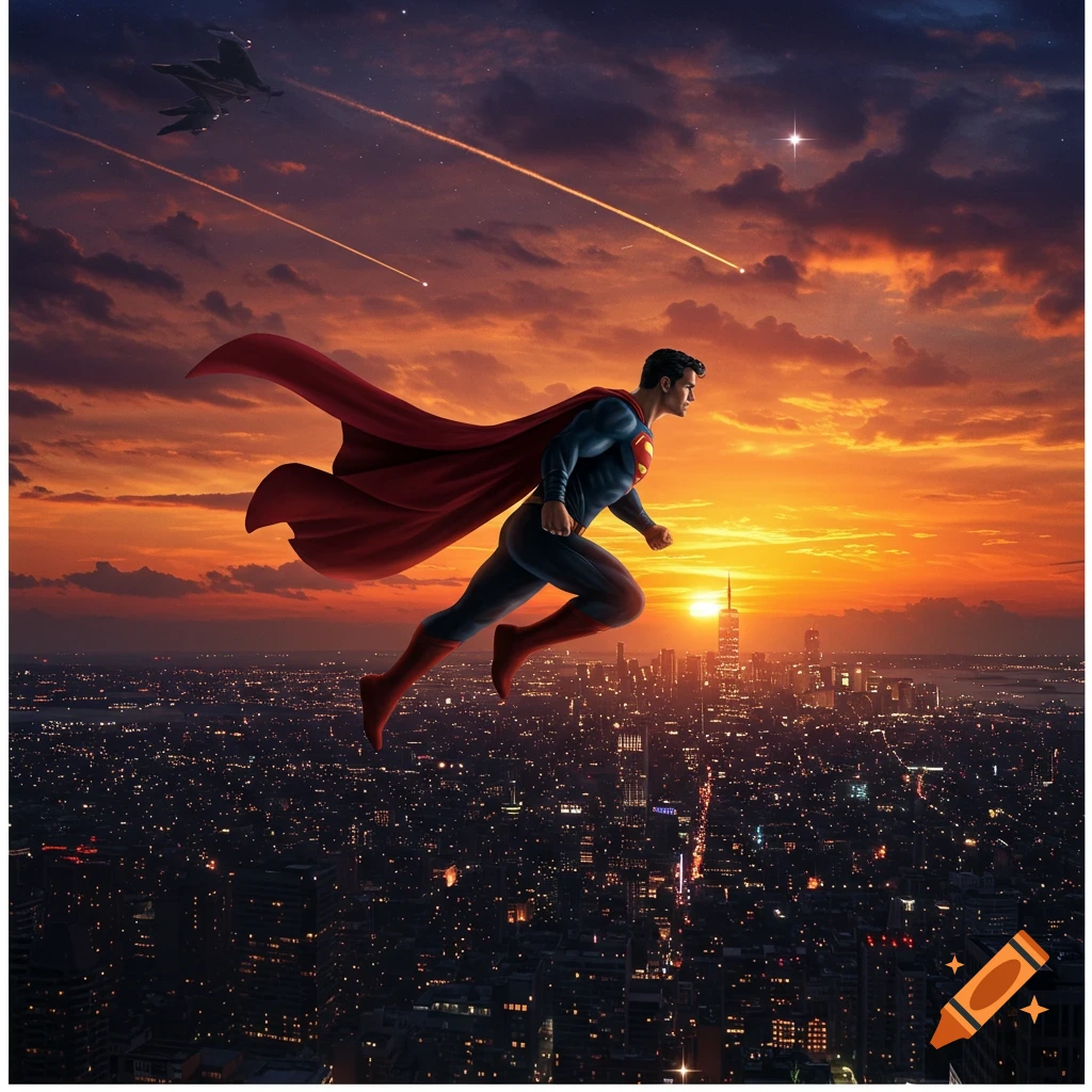 Superman flying high above a bustling city at sunset, with a red cape flowing behind him and meteors streaking across the sky.