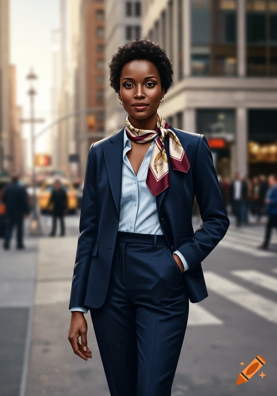 Photorealistic portrait of an African American woman in a navy suit, light blue shirt, and burgundy and cream scarf, standing on a city street.