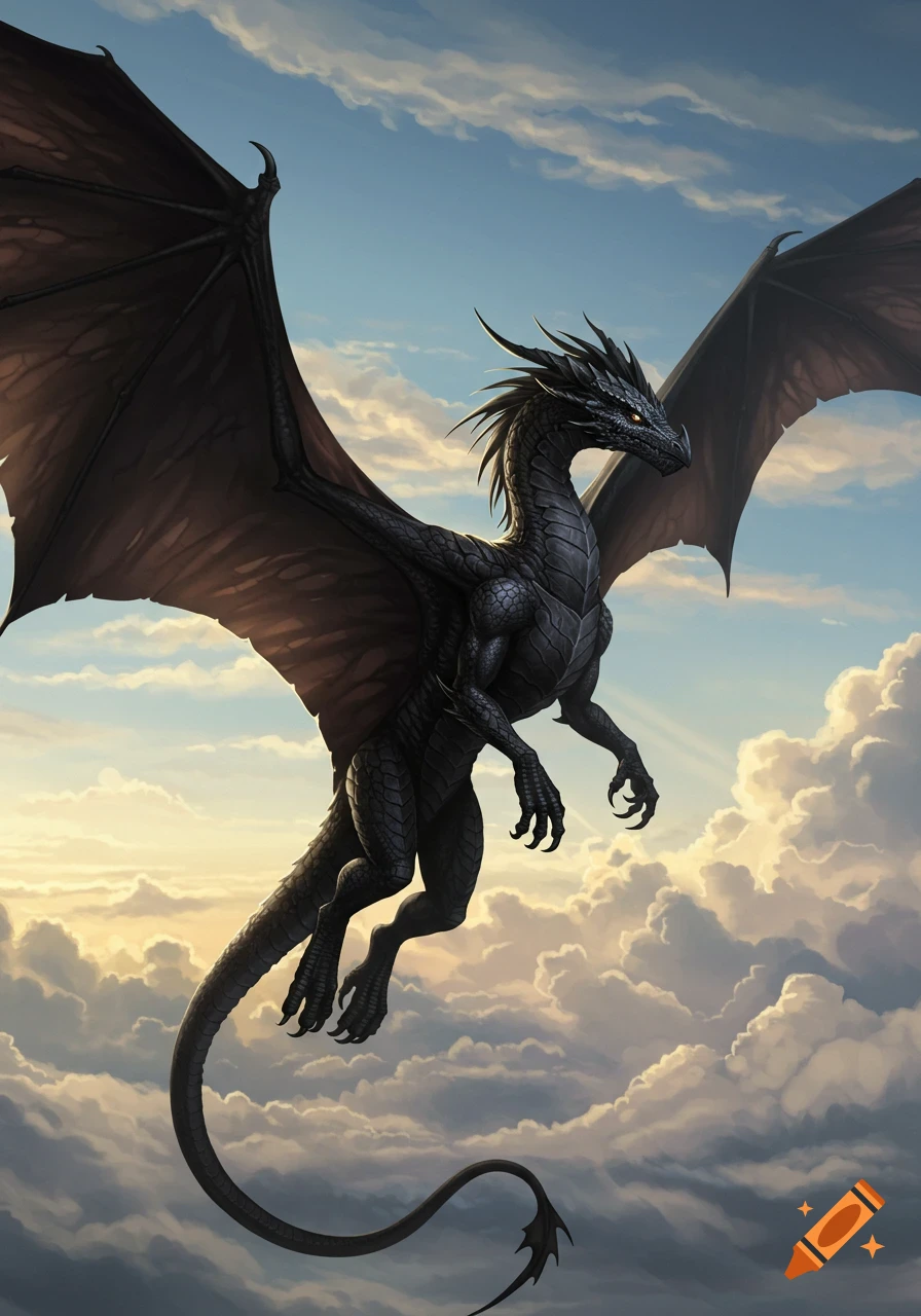 A powerful dark dragon with large wings soars through a cloudy sky, with sunlight breaking through the clouds.