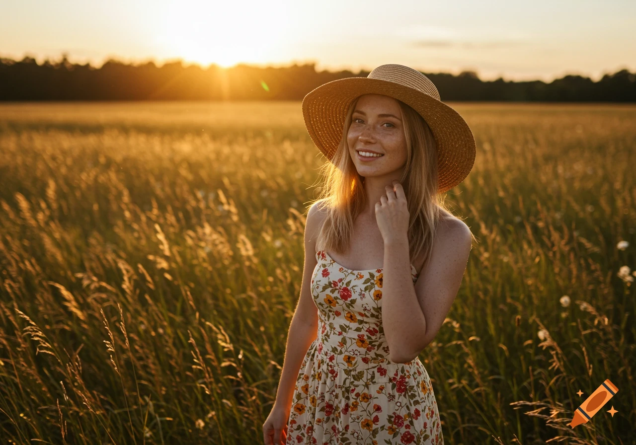A smiling woman with freckles in a straw hat and sundress stands in a sunlit golden field at sunset.