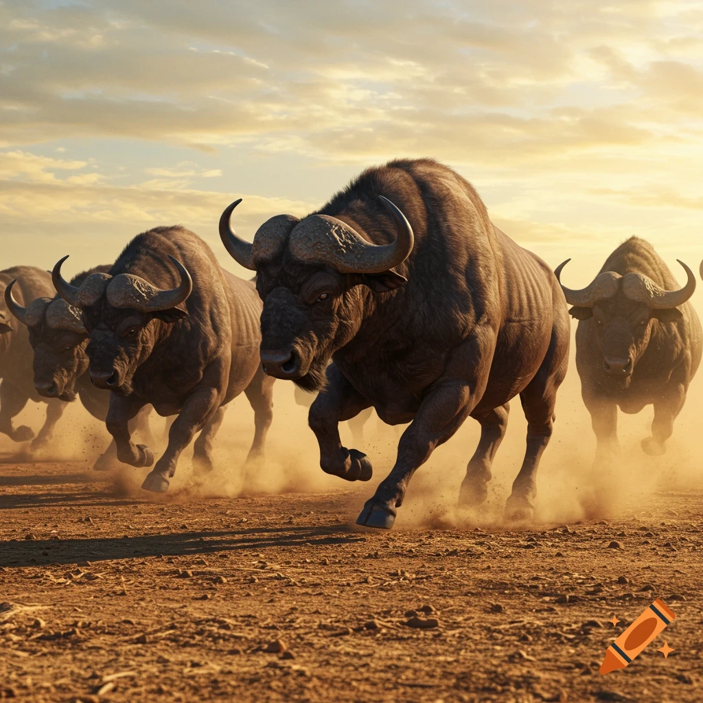 Photorealistic image of several buffaloes running through a dusty, sunlit plain.