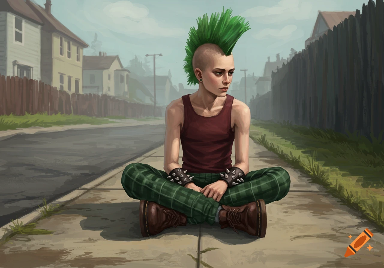 A punk teenager with a green mohawk sits cross-legged on a sidewalk in a small town, looking pensive. Digital art.
