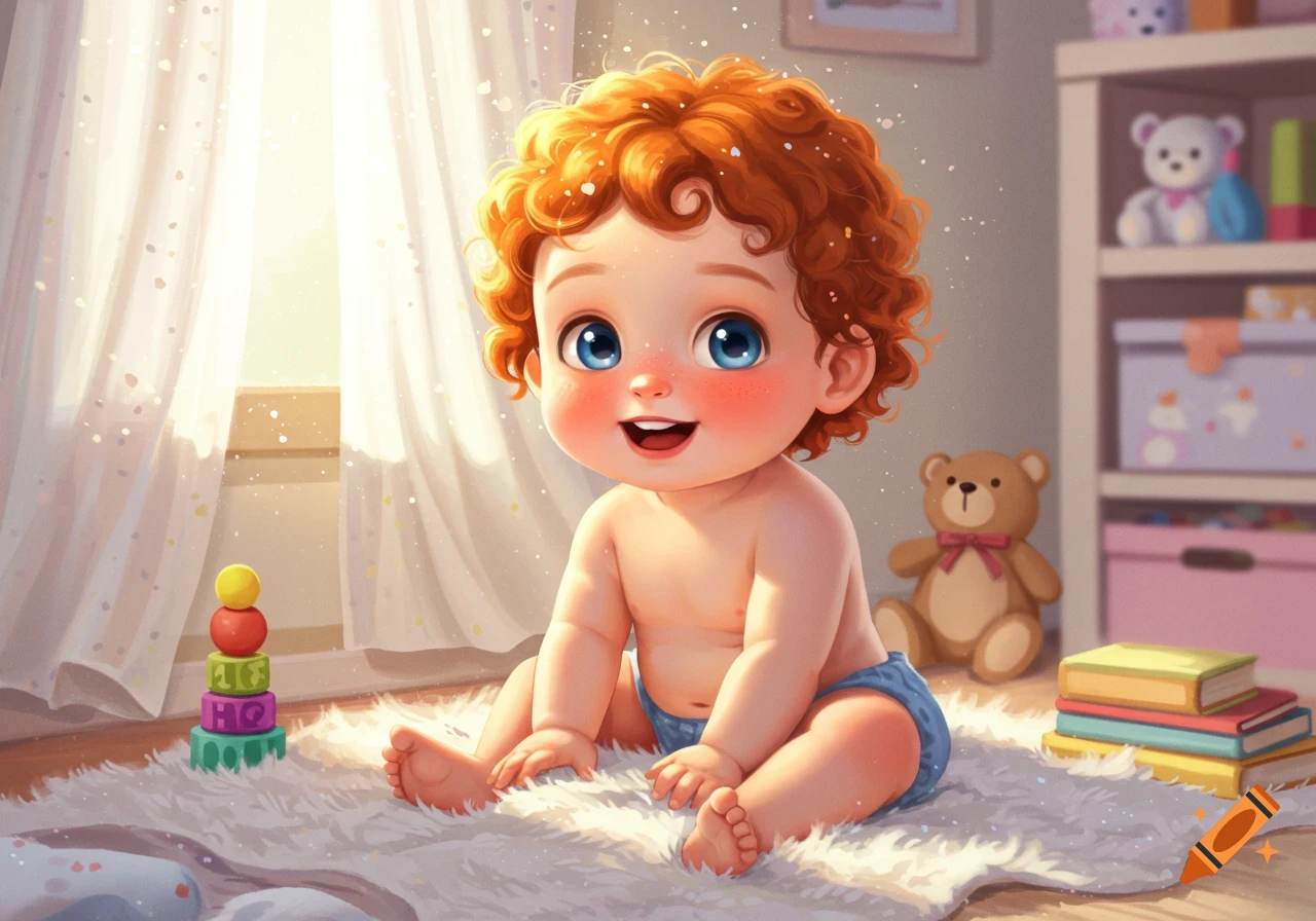 A happy, red-haired baby boy with blue eyes, wearing a diaper, sits on a white rug in a sunlit room filled with toys. Illustrated.