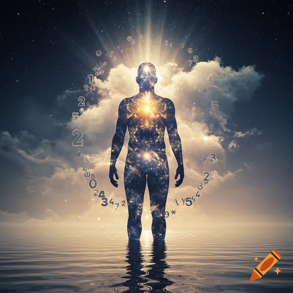 Silhouette of a human figure standing in water with light radiating from within, surrounded by glowing numbers and a starry sky.