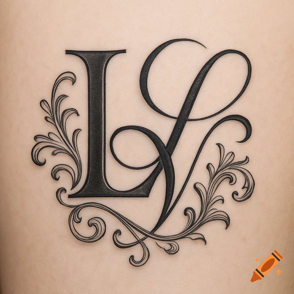 An ornate black tattoo of the letters L and V on skin.