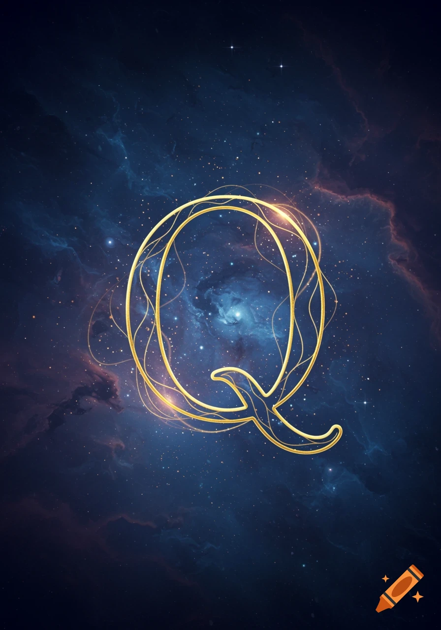 A golden letter Q with intricate swirling lines against a dark blue cosmic background filled with stars and nebulae.