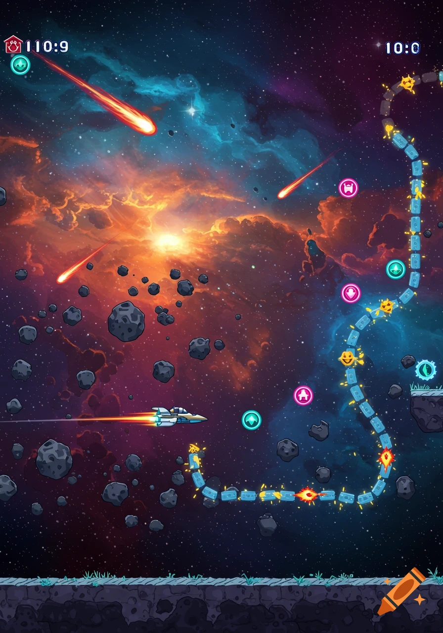A vibrant 2D space-themed side-scroller game with a spaceship flying through an asteroid field and a glowing path.
