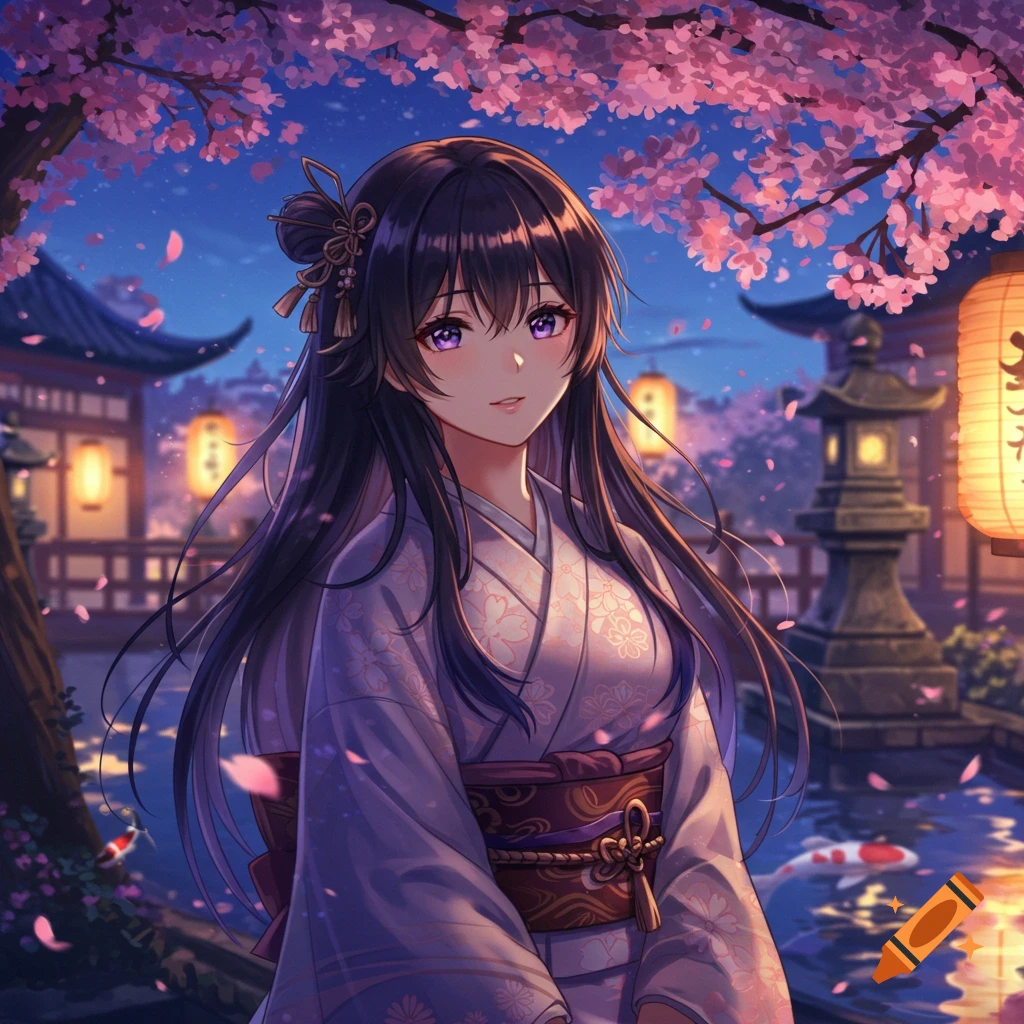 An anime girl in a kimono under pink cherry blossoms at night, with glowing lanterns and koi fish in a pond.
