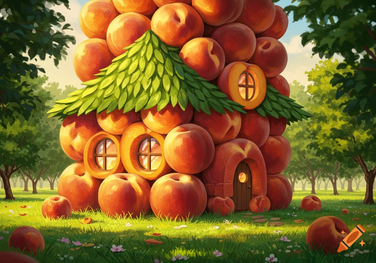 A whimsical house made of peaches with a leafy roof and round windows, set in a sunny peach orchard.