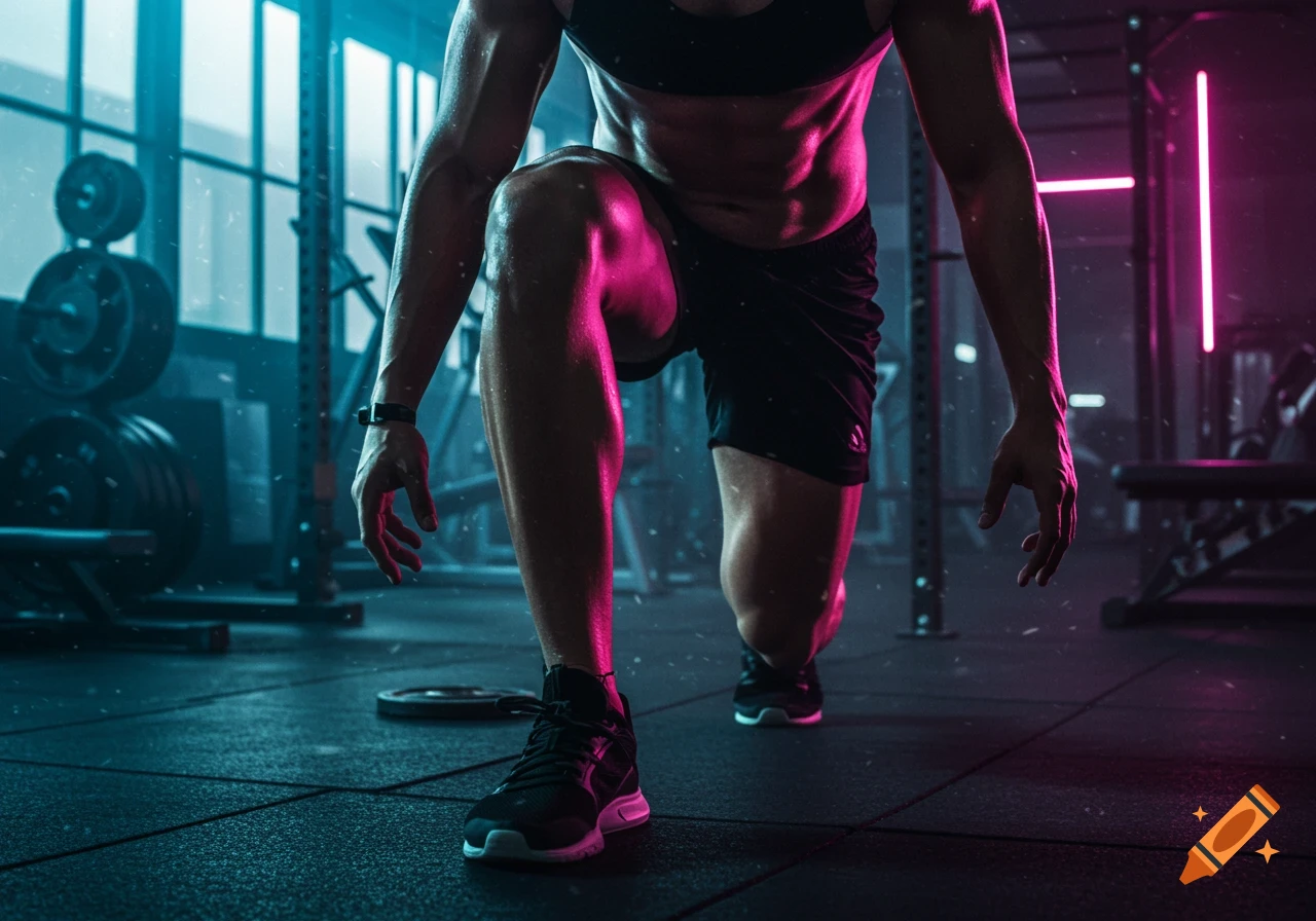 A muscular person in a gym, sweat visible, in a lunging stance under vibrant neon pink and blue lights.