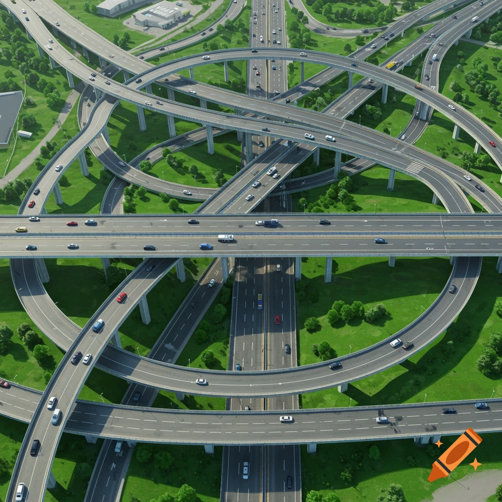 Aerial view of a complex highway interchange with multiple overlapping roads and cars, surrounded by green grass and trees.