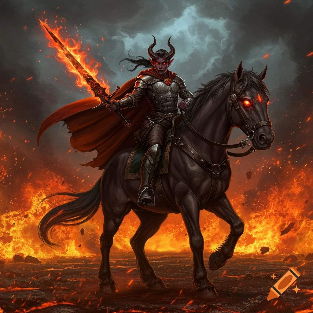 A horned, red-skinned warrior in armor rides a black horse with glowing red eyes through a fiery landscape, wielding a flaming sword.