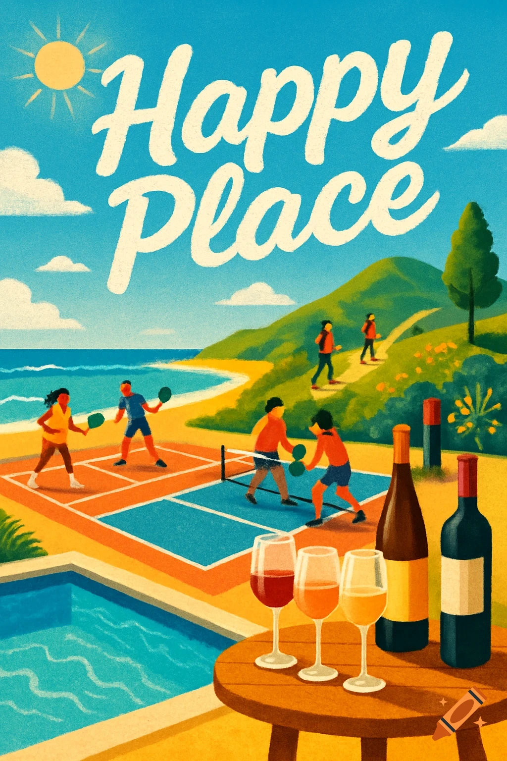 A vibrant, stylized illustration of a beach scene with people playing pickleball, hikers, a pool, wine, and "Happy Place" text.