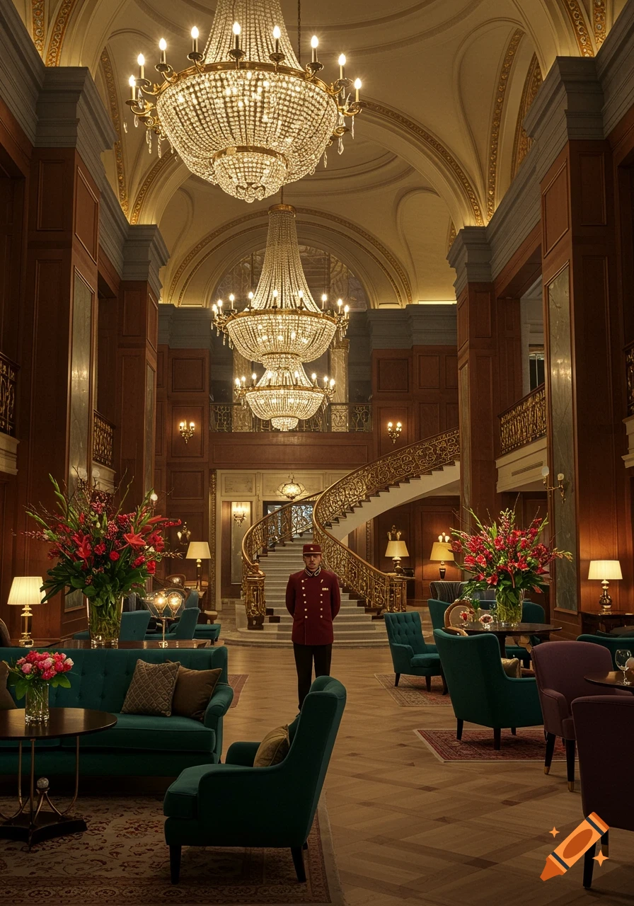 A bellhop stands in a grand, luxurious hotel lobby featuring ornate chandeliers, a sweeping staircase, and elegant seating.