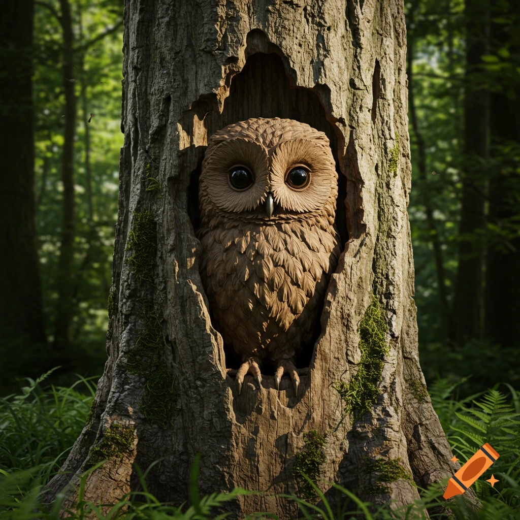 Photorealistic sculpted owl looking out from a tree hollow in a lush forest.