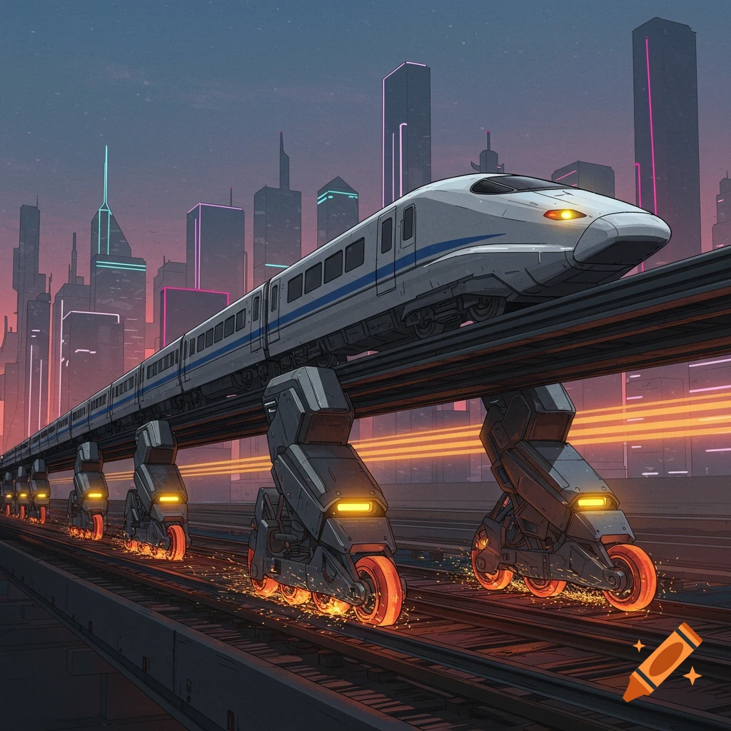 A futuristic bullet train on giant glowing roller skates speeds along tracks through a cyberpunk city at dusk.