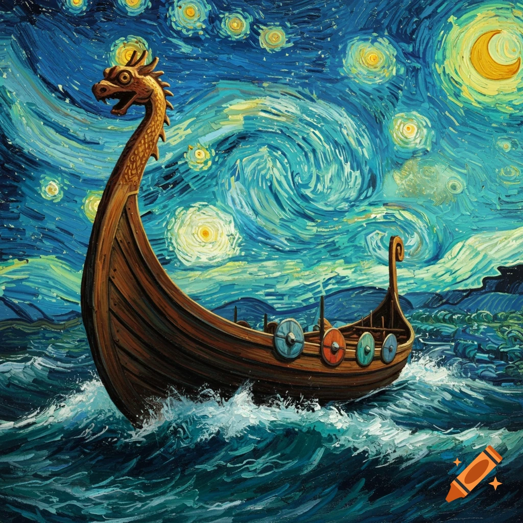 A Viking ship sails on a stormy sea under a swirling, starry night sky in the style of Van Gogh.