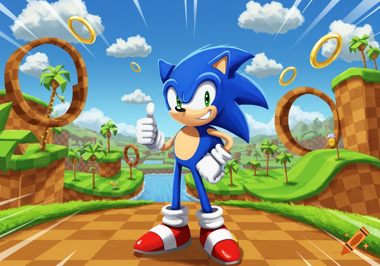 Sonic the Hedgehog stands in a vibrant Green Hill Zone, giving a thumbs up. Cartoon style.